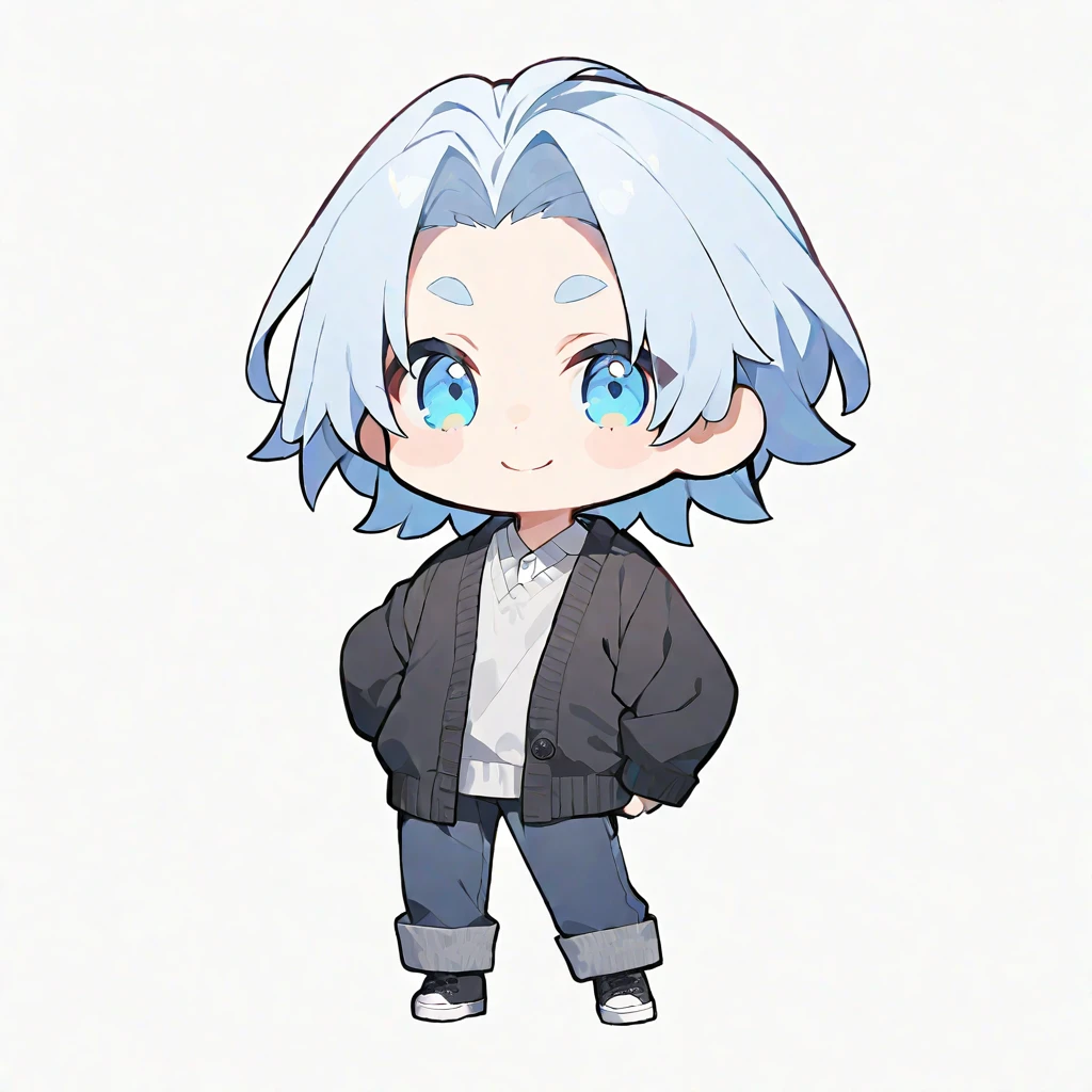 solo, handsome, ,CHIBI,1/2, mini-character, 
1. male, 
Straight hair, Bob hair,light blue Hair,Blue eyes＆Soft look ,
Gojo Satoru,18 years old,black cardigan,sweater,skin,smile, whole body ,White background