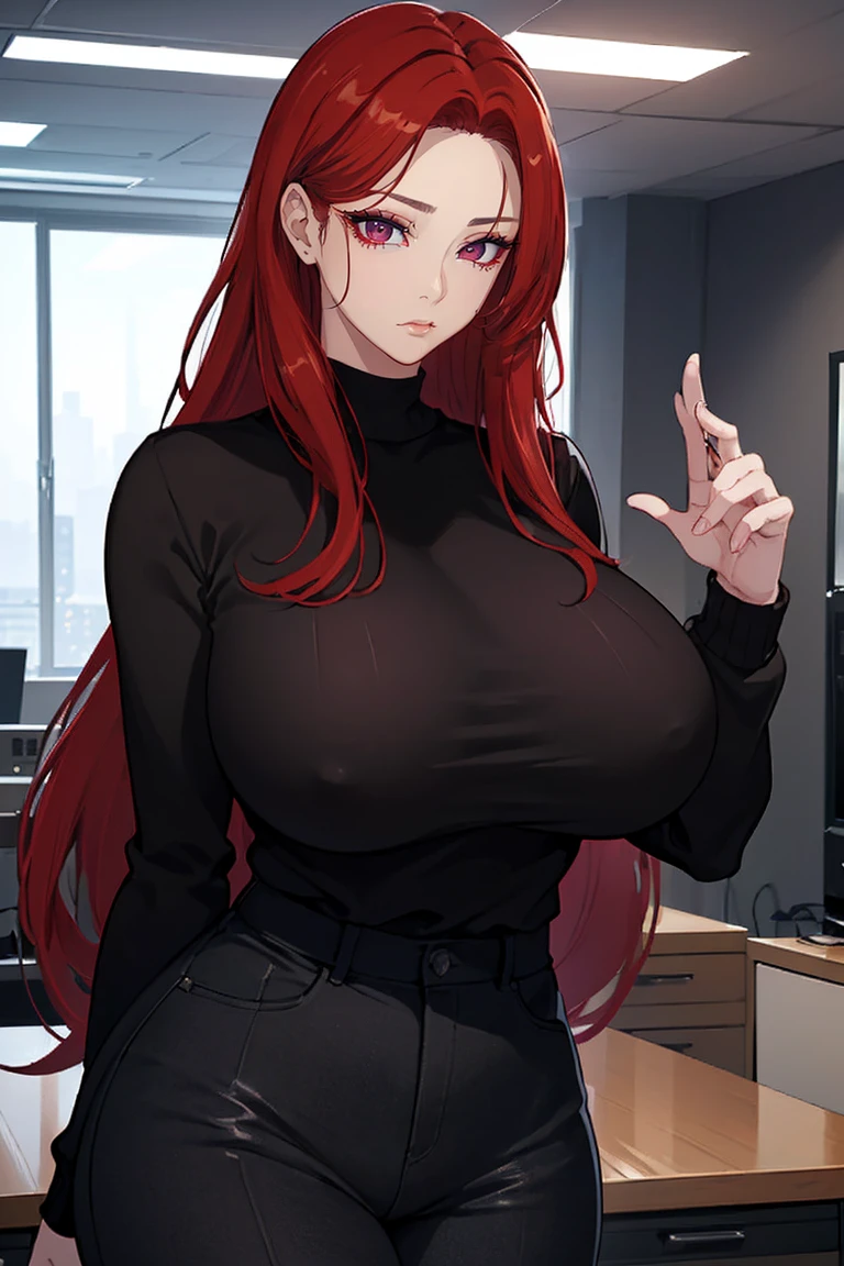 (Uhd, Masterpiece, Textured Skin, Super Detail, High Details, High Quality, Best Quality), Detailed Face, 1woman, mature pretty woman, Long red hair, (black sweater), (black pants), (Huge Body:1.5, tall), standing, (Low-sized breasts), (Office room)