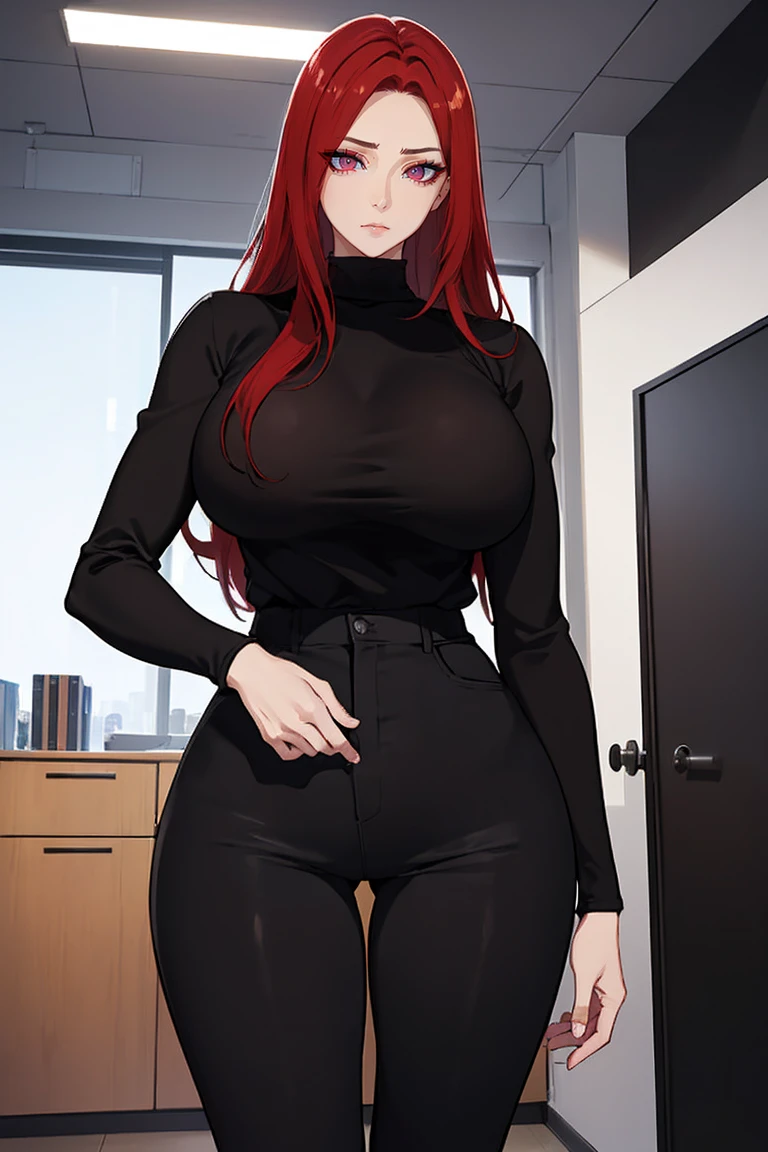 (Uhd, Masterpiece, Textured Skin, Super Detail, High Details, High Quality, Best Quality), Detailed Face, 1woman, mature pretty woman, Long red hair, (black sweater), (black pants), (Huge Body:1.5, tall), standing, (Low-sized breasts), (Office room)