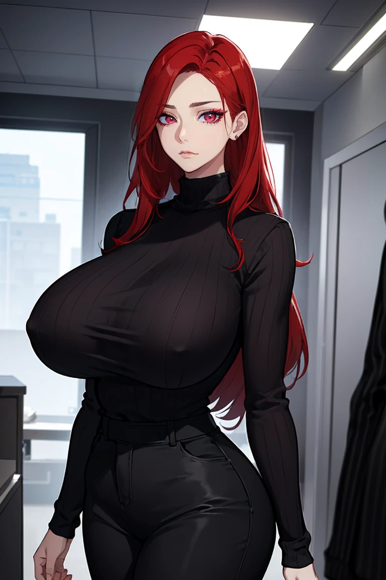 (Uhd, Masterpiece, Textured Skin, Super Detail, High Details, High Quality, Best Quality), Detailed Face, 1woman, mature pretty woman, Long red hair, (black sweater), (black pants), (Huge Body:1.5, tall), standing, (Low-sized breasts), (Office room)