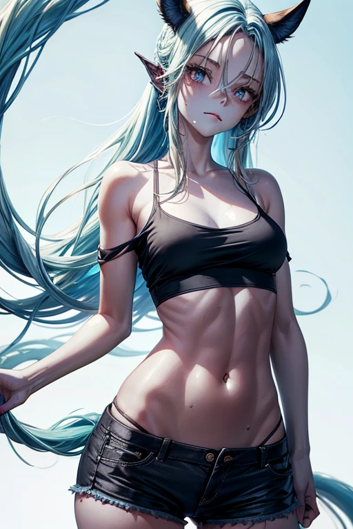 Professional photo by Polly Geist, 1 girl, Alone, old, (blue skin:1.4), Horse tail, black shorts, neckline, strap slip, monster girl, slime girl, White tank top, aquamarine eyes, off the shoulder, aquamarine hair, bare shoulders, large old,
detailed skin, detailed eyes, detailed face,
volumetric light, high resolution, Masterpiece, Best Quality,