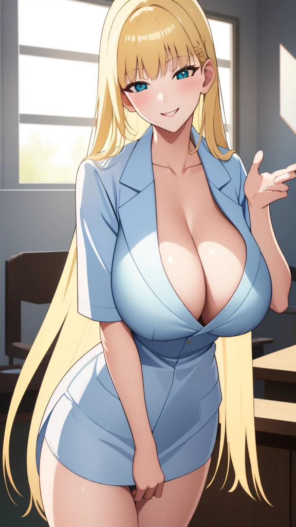 (Highest quality:1.5, High resolution, 超High resolution, 4K, Detailed lighting, Shaders, Perfect Hand Anatomy), Blonde Straight Hair, Big Breasts, Nurse uniform, Cleavage, Thighs, smile, throw, Close-up shot, Are standing, Hospital Background