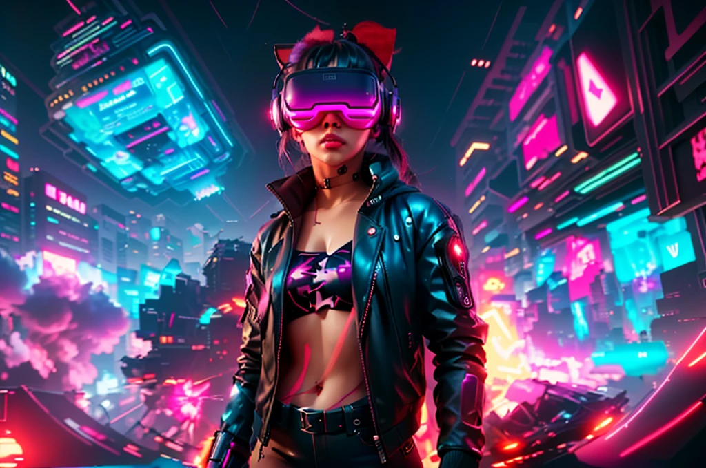 junkotvv cabello largo , messy hair, orejas de gato a girl in a black jacket and glasses stands in front of a futuristic city, vr game, cyberpunk vibe, cyberpunk vibes, deeper into the metaverse we go, has cyberpunk style, cyberpunk theme, in cyber punk 2077, cyberpunk futuristic, cyberpunk future, synthwave, wearing cyberpunk streetwear, futuristic cyberpunk, cyberpunk tech, retro cyberpunk, synthwave style