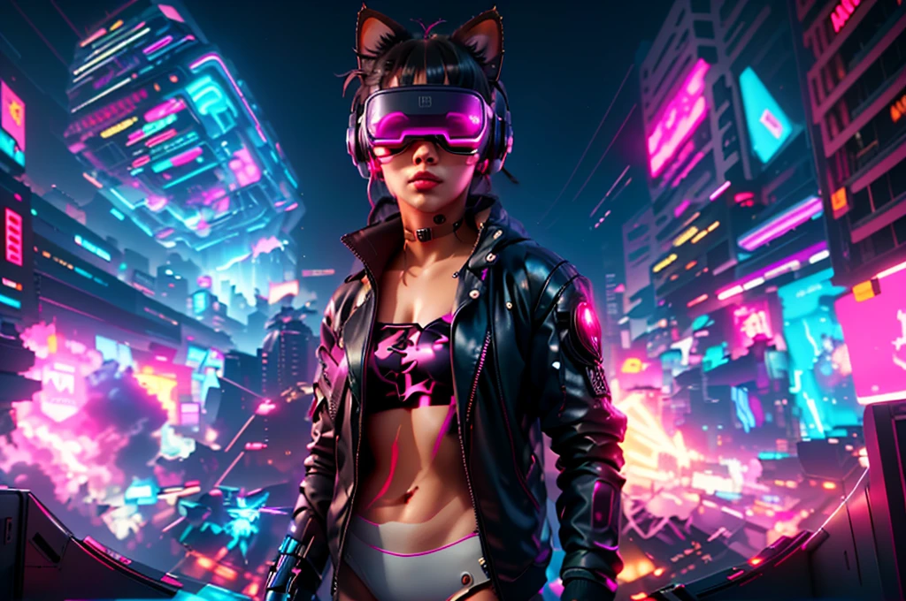junkotvv cabello largo , messy hair, orejas de gato   a girl in a black jacket and glasses stands in front of a futuristic city, vr game, cyberpunk vibe, cyberpunk vibes, deeper into the metaverse we go, has cyberpunk style, cyberpunk theme, in cyber punk 2077, cyberpunk futuristic, cyberpunk future, synthwave, wearing cyberpunk streetwear, futuristic cyberpunk, cyberpunk tech, retro cyberpunk, synthwave style