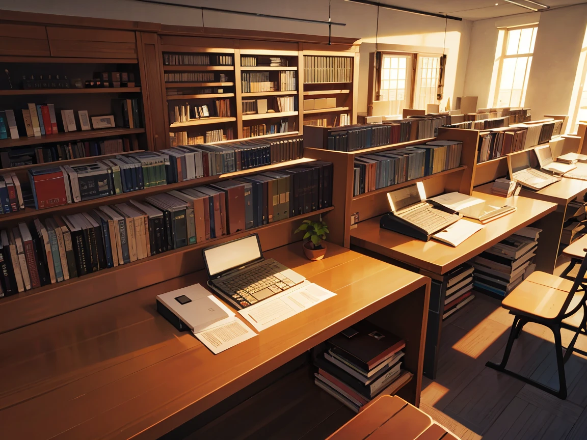 Dark study、A wall completely covered with bookshelves、desk with a computer、No people