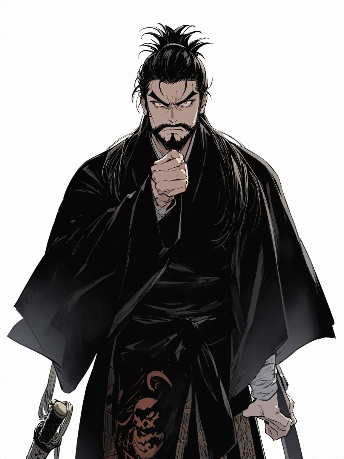 close up of a person holding a katana, portrait of samurai, handsome guy in demon slayer art, dark cloaked necromancer, musashi miyamoto, standing, fighting stance, looking at the viewer, front camera, eye level, handsome, beard, long hair, angry expression, drawing sword pose, wearing black robe