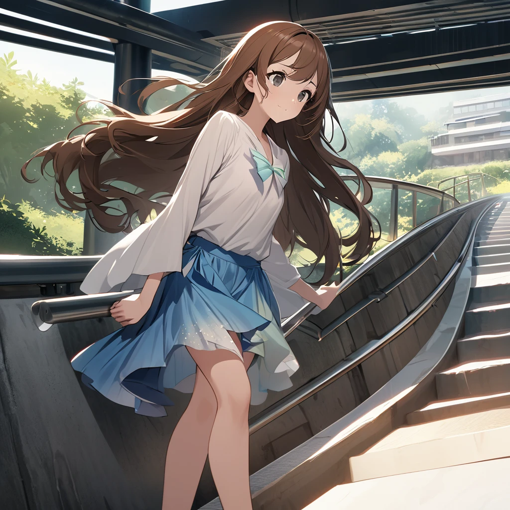 Create a high-resolution, natural-looking digital illustration of a teenage Japanese girl with a youthful round face that has a healing and comforting appearance. She is styled like a famous idol with long, silky, brown hair and clear, beautiful skin. The shot is a full-body view taken from a low angle under a pedestrian bridge. She is climbing stairs with strong winds blowing, causing her summer  skirt to flutter slightly. She has black eyes. Ensure the image adheres to all policies and portrays a wholesome and friendly vibe.