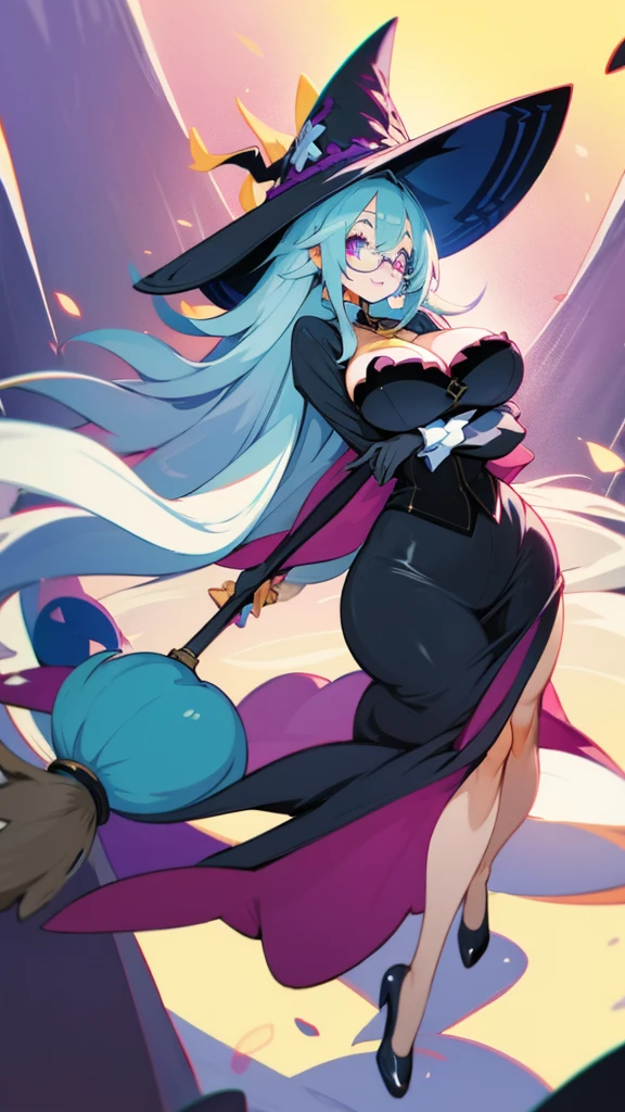 Anime, plump old lady, extremely Long hair, white hair, cyan eyes, round glasses,  busty, gorgeous plumpy body, large hips,  witch hat, witch garb, Large skirt, gigantic Broom in hand, smile