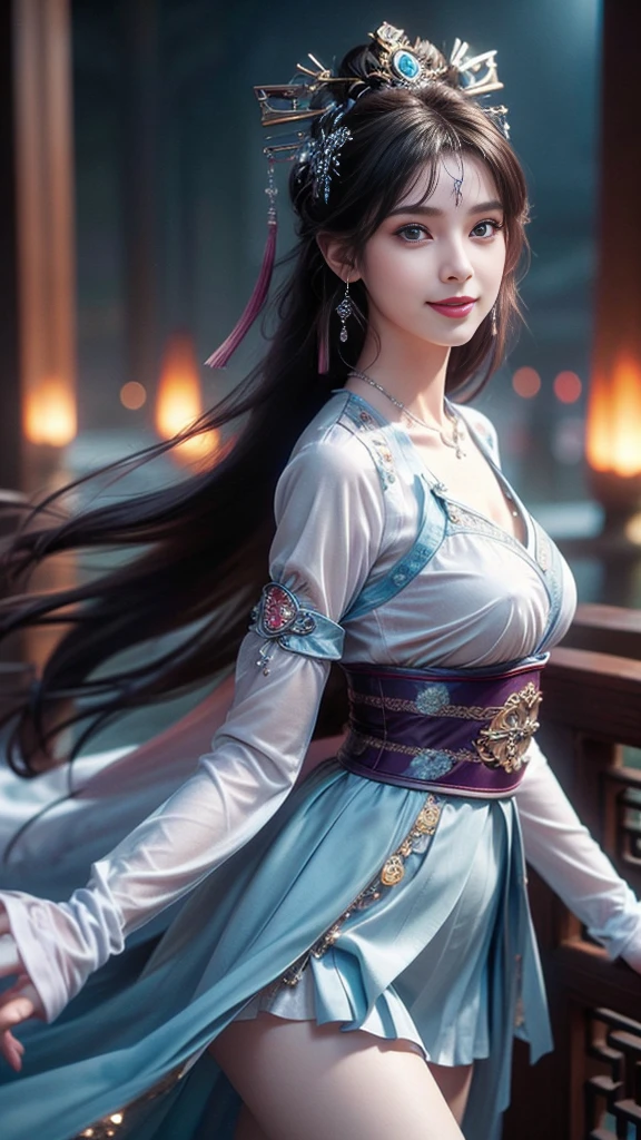 8K, masterpiece, RAW photos, best quality, Reality, extremely detailed CG unity 8K wallpaper, Depth of Field, light, lens flare, Ray Tracing, (Extremely beautiful face, Beautiful lips, beautiful eyes), Complex facial details, ((Ultra-delicate skin)) , Beautiful Asian girl, ((Looking at the audience)),(big Smile), (Blurred background), midnight, (pretty girl), earrings, bracelet, necklace, Clear eyes, (Pale skin), Facing forward, (big eyes), (Looking at the audience), Large Breasts ,((Smile)), blue eyes, Shiny Dress, Open your heart, balcony, Very slim, (Medium buttocks), Open your heart Ancient Chinese architecture,Chinese style beauty,Wear revealing Hanfu,Simple clothes, Simple style,Chinese and American mixed race,Background blur,focus,light, Seven Figures,(((tmasterpiece))), ((Best quality)), ((Complex and meticulous)), ((Surrealism)), Ridiculous resolution, , Mature woman, transparent, Very detailed, Implications, 1 Girl, (Medium breasts), Thin waist and thick hips,Long Law,Beautiful and delicate eyes, Short and delicate hair, Dark brown hair, Purple Eyes, black,lacy clothing,Hip-covering skirt,Tights,Vaguely visible,Cool clothes,Perfect body proportions,(No underwear),Detailed background, Perfect eyes,,Looking at the audience,From the front,Wear lightly,Juicy legs,Deep V,
