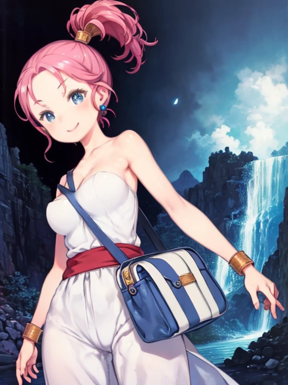 (masterpiece, Highest quality:1.1), merchant (dq3), One girl, alone, short hair, ponytail, Pink Hair, blue eyes, Large Breasts, Cleavage, White Dress, Strapless Dress, Blue Vest, sash, White pants, jewelry, Earrings, bag, smile