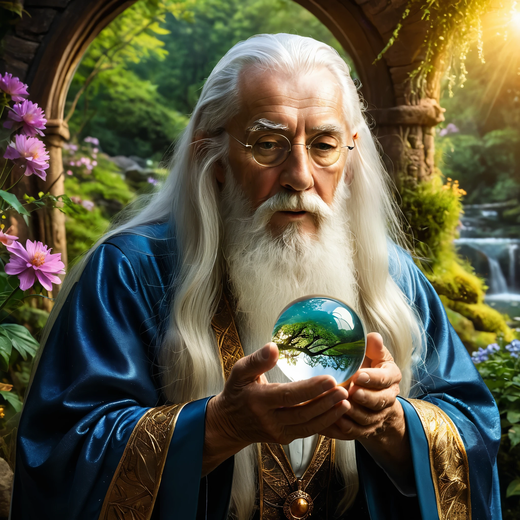 Create a highly detailed and realistic image of an elderly wizard with long white hair and a beard, holding a crystal ball. The crystal ball contains a miniature, vivid landscape with a river flowing through a lush forest, surrounded by trees and flowers. The wizard's expression is contemplative as he gazes at the scene within the crystal ball. The background includes a dimly lit, mystical setting with arches and soft, warm lighting, adding to the magical atmosphere. Photo Realistic photo, vibrant colors, 16k