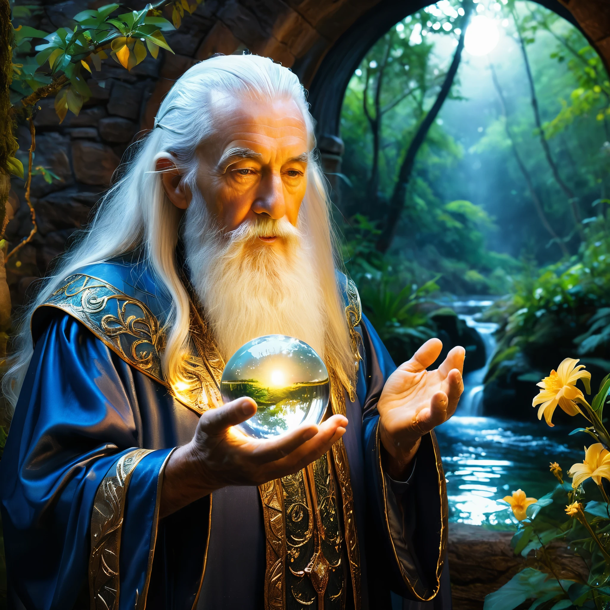 Create a highly detailed and realistic image of an elderly wizard with long white hair and a beard, holding a crystal ball. The crystal ball contains a miniature, vivid landscape with a river flowing through a lush forest, surrounded by trees and flowers. The wizard's expression is contemplative as he gazes at the scene within the crystal ball. The background includes a dimly lit, mystical setting with arches and soft, warm lighting, adding to the magical atmosphere. Photo Realistic photo, vibrant colors, 16k