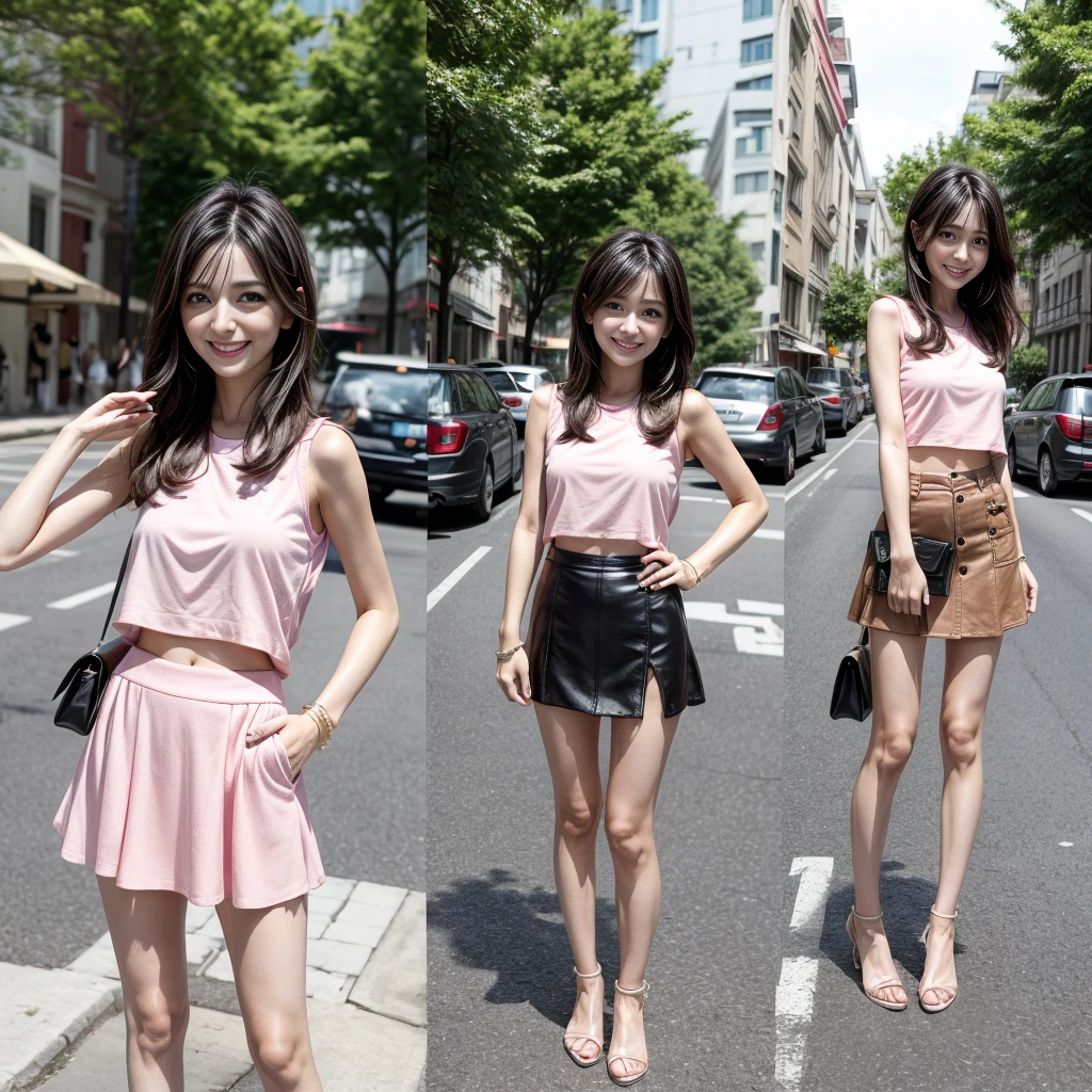 32 year old girl, very thin, with mini skirt, posing for photo, in the middle of the street in summer, with a pink top, smiling, dark black hair, light brown eyes