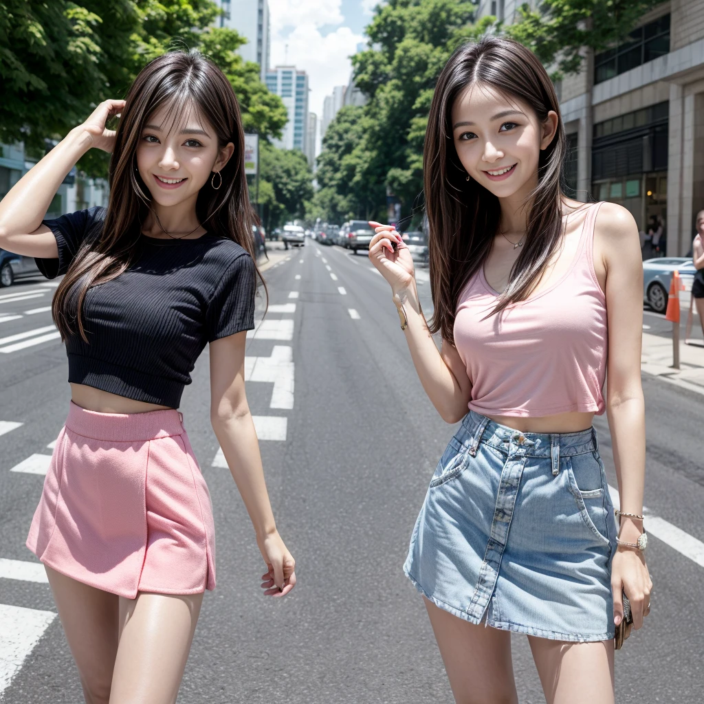 32 year old girl, very thin, with mini skirt, posing for photo, in the middle of the street in summer, with a pink top, smiling, dark black hair, light brown eyes