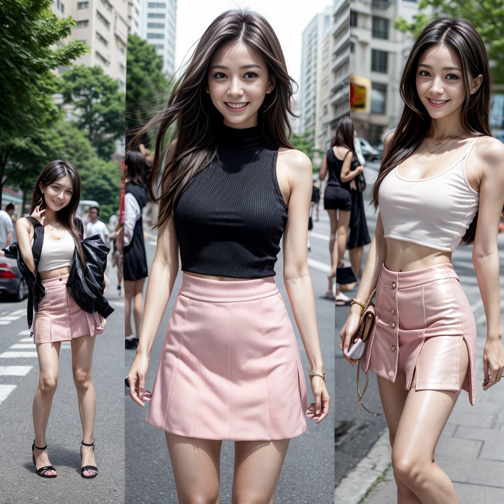 32 year old girl, very thin, with mini skirt, posing for photo, in the middle of the street in summer, with a pink top, smiling, dark black hair, light brown eyes
