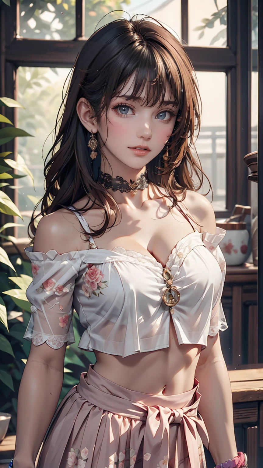 (Highest quality, masterpiece), One girl, Intricate details, Off the shoulder, skirt, choker, Frills, See-through, View your viewers, blush, Upper Body, Blurred Background, Floral print, Contrasting、Sexy proportions、Narrow waist、Wear a lace scrunchie on your wrist
