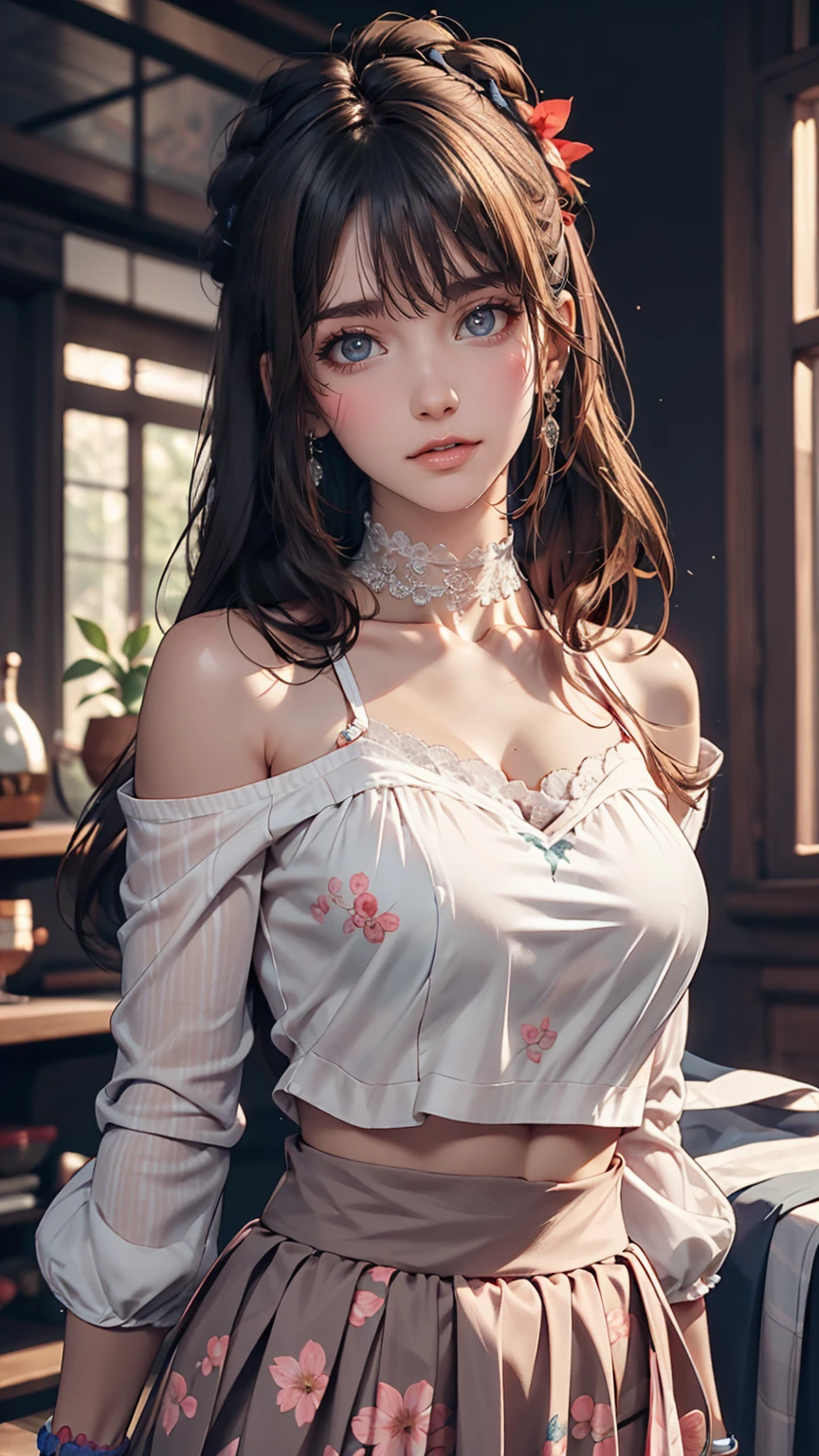 (Highest quality, masterpiece), One girl, Intricate details, Off the shoulder, skirt, choker, Frills, See-through, View your viewers, blush, Upper Body, Blurred Background, Floral print, Contrasting、Sexy proportions、Narrow waist、Wear a lace scrunchie on your wrist