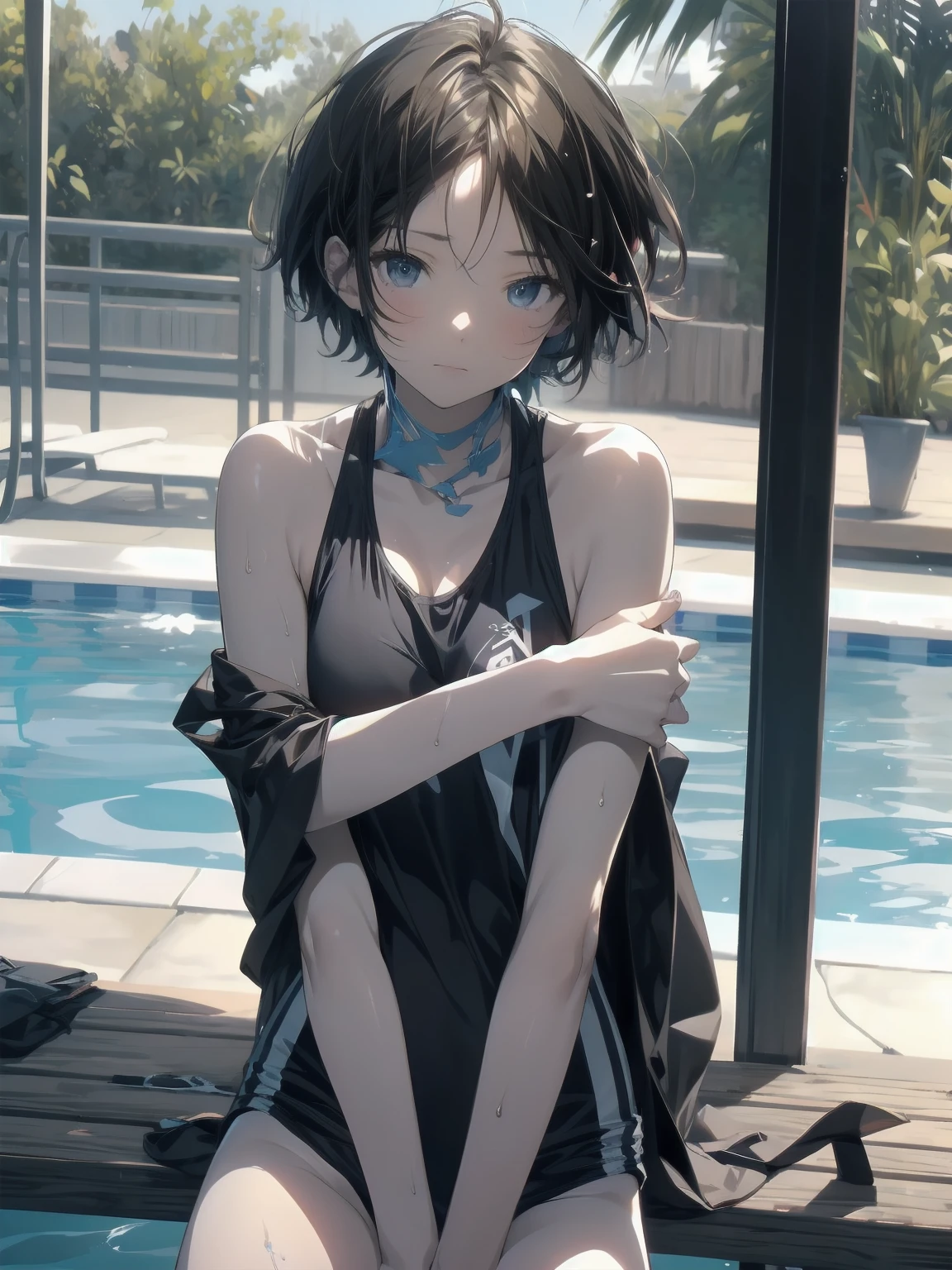 ultra-Top-quality by art God, ultra-detailed, high resolution, shinkai makoto style, anime moe artstyle, best anime 8k konachan wallpaper, pixiv contest winner, perfect anatomy, break,(Please draw a picture of a girl in a swimsuit sitting sleepily on a bench by the poolside alone.),break, a hyperrealistic school girl, (Solo,lolita, , 13-ar-1.3),l limbs, complete fingers, androgynous charm, (very short hair), wet hair, small round chest,slender body, Small butt, groin, Small black eyes,hanme,beautiful detailed eyes, well-proportioned iris and pupils, sleepy eyes, highres detailed hair, swimsuit, wet swimsuit, bare shoulders, thighs, in the school pool. break,super detailed skin, shiny skin, Best lighting powered by famous artist, 8k, illustration,UHD, textured skin,break,((artist:saiguchi_otoufu )), artist:clamp ,artist:carnelian ,artist:kantoku ,