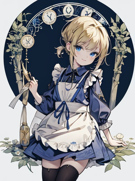 masterpiece, Highest quality, Very detailed, 16K, Ultra-high resolution, Cowboy Shot, Alice in Wonderland, (art nouveau:1.4), 10-year-old girl, Detailed face, (smile:1.5), blue eyes, Blonde, ,braided ponytail, Ribbon on head, Blue clothes, Plain white apron, 大きなclockのある部屋で, clock, 壁clock, Music Box