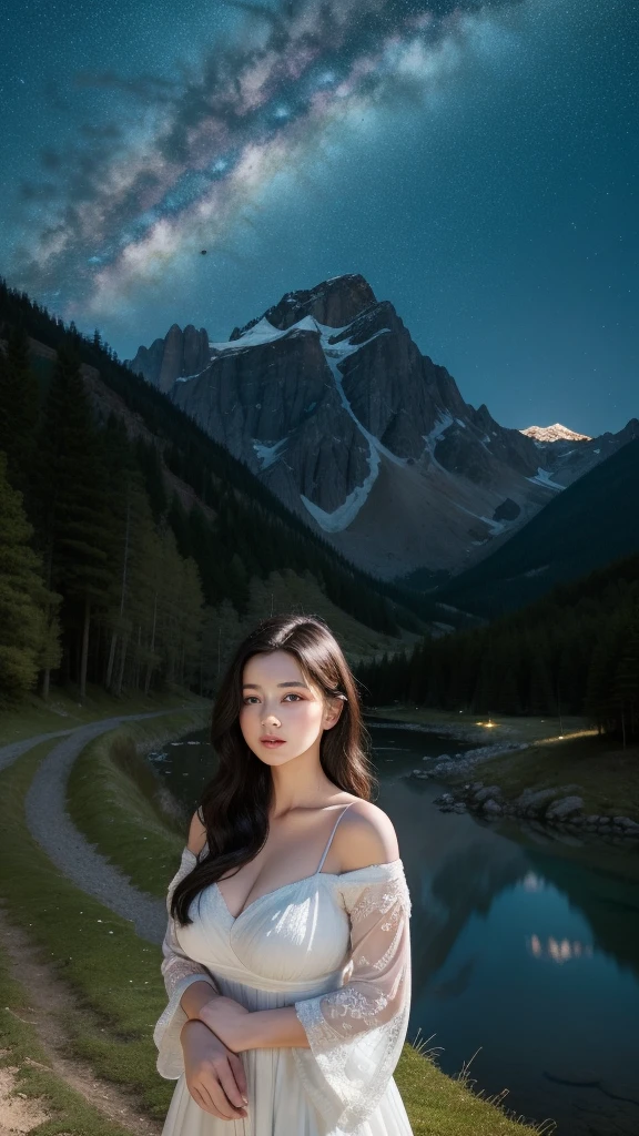 RAW Photos, 最high quality, high quality, Highly detailed touch, Genuine, Wind, Narrative poem, The beauty and brilliance of mountains and forests, The silence and beauty of the vast land, night, Starry Sky, Lakeside, Nice views, Beautiful natural scenery、A stands、Black haired Japanese、The girl is one of the images/8