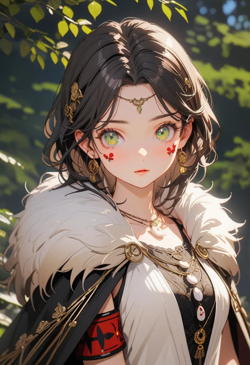 mj3d style,3dmm,3d,(masterpiece, best quality:1.1), Ghibli style, mulberry (Ghost Princess), 1 Girl, armband, Bangs, Black Hair, black undershirt, breast, cape, ring, 耳ring, Face painting, Flowing hair, forest, fur cape, Green Eyes, Jewelry, Looking at the audience, medium breast, nature, necklace, outdoor, parted Bangs, shirt, short hair, sleeveless, sleeveless shirt, Solitary, tooth necklace, Tree, Upper Body, white shirt