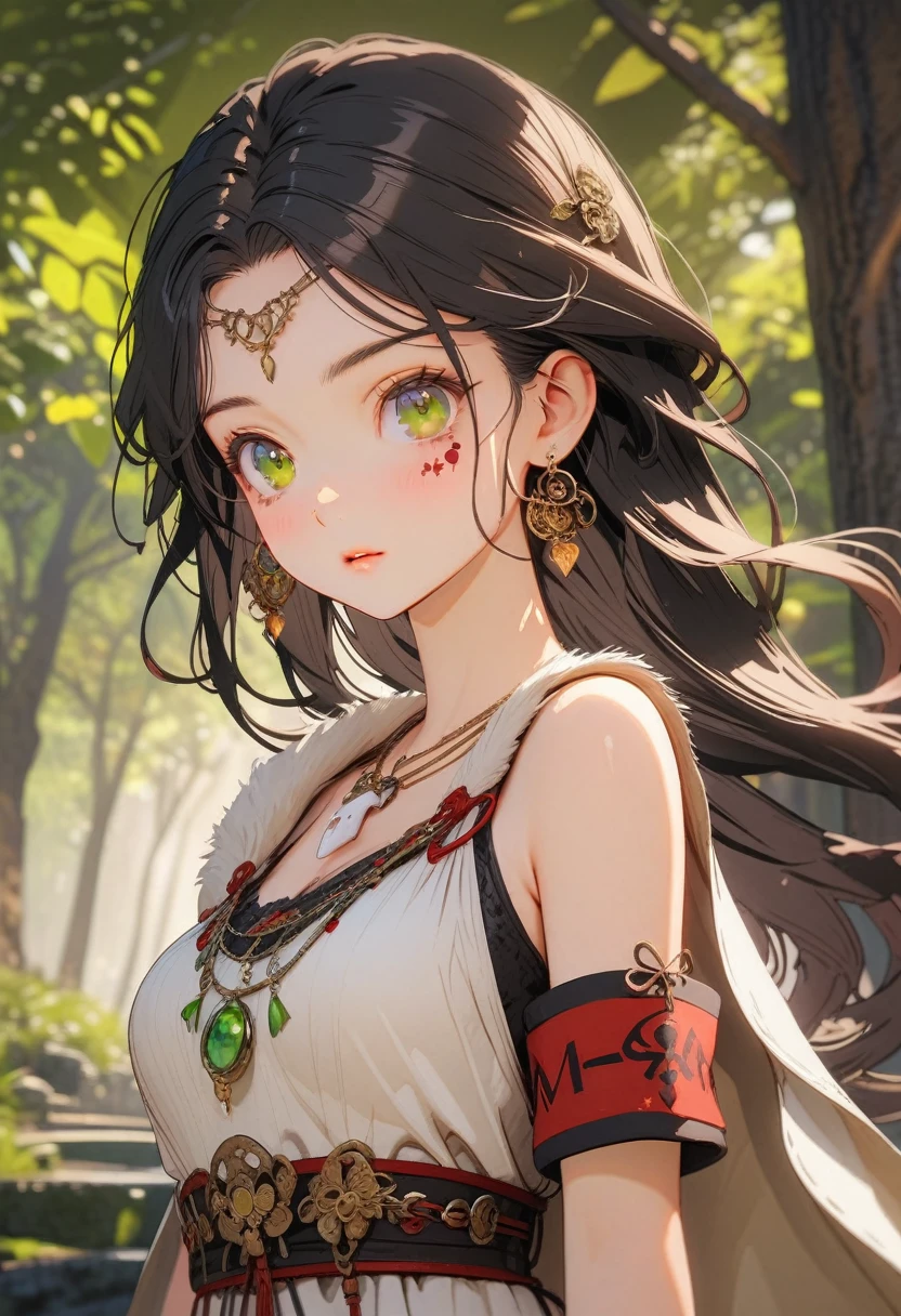 mj3d style,3dmm,3d,(masterpiece, best quality:1.1), Ghibli style, mulberry (Ghost Princess), 1 Girl, armband, Bangs, Black Hair, black undershirt, breast, cape, ring, 耳ring, Face painting, Flowing hair, forest, fur cape, Green Eyes, Jewelry, Looking at the audience, medium breast, nature, necklace, outdoor, parted Bangs, shirt, short hair, sleeveless, sleeveless shirt, Solitary, tooth necklace, Tree, Upper Body, white shirt