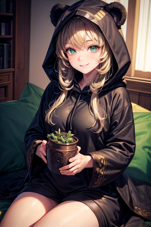 beautiful, (Masterpiece), Best Quality, (extremely detailed face), extremely detailed eyes,  perfect lighting, General detail, detailed, deep skin,textured skin,
,Bear costume ,black Bear costume, long sleeves, hood up,,mauve , wide, green eyes, big smile,in bed ,sitting between pillows,
,