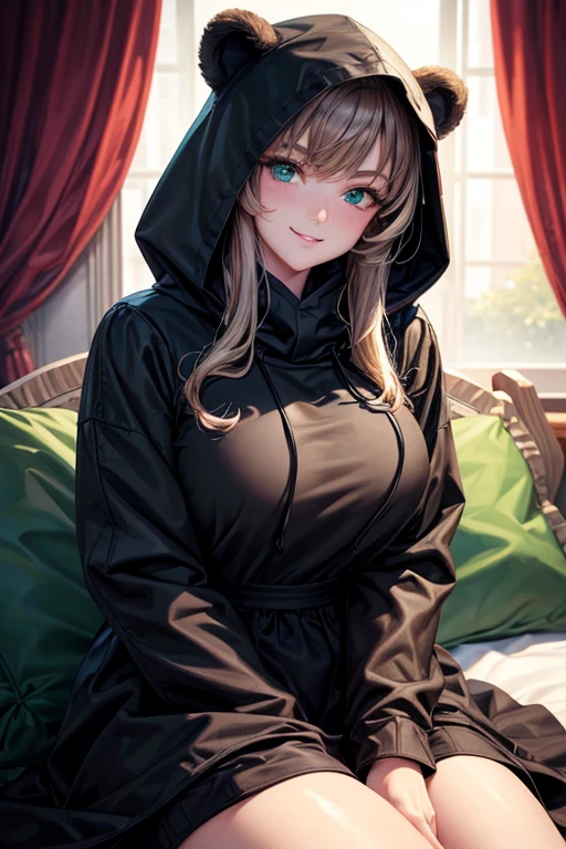 beautiful, (Masterpiece), Best Quality, (extremely detailed face), extremely detailed eyes, perfect lighting, General detail, detailed, deep skin,textured skin,
,Bear costume ,black Bear costume, long sleeves, hood up,,mauve , wide, green eyes, big smile,in bed ,sitting between pillows,
,
