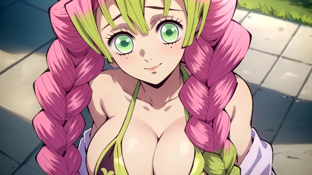 (masterpiece, best quality),  intricate details,
MitsuriKanroji,  kanroji mitsuri, 1girl, solo, upper body, long hair, winking, green eyes, pink hair, braid, green hair, twin braids, parody, portrait, close up, large breast, huge breasts, bikini top, headshot, collarbone, neck, bare shoulders, pink bikini top, cleavage, in frame, peeker, top angle, shot from above, 