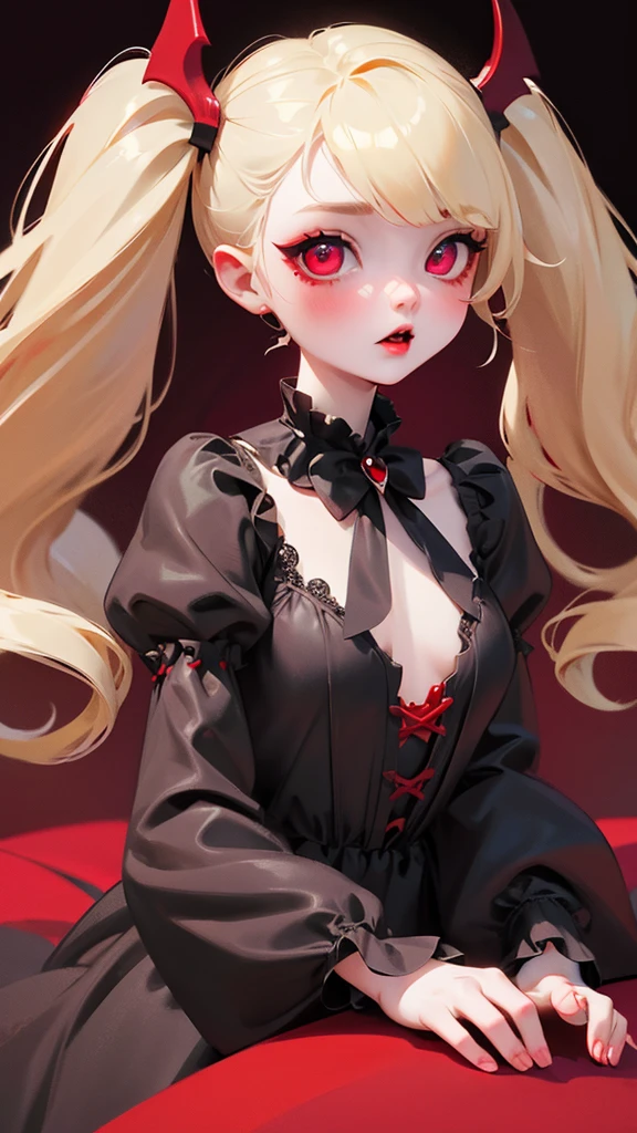 A girl drawn in great detail、Unparalleled beauty、Cute face、Little red cheeks and nose、Ultra-detailed eye、Very detailed顔と瞳、Small Nose、(((vampire、Pure white skin、Red eyes、Black Lips、Expressionless)))、Dark fantasy、Expressions of eroticism、Hair Bun、blonde、Elegant dress、Small breasts、capital of、Dark reception room、Luxurious ornaments、Dim lighting、Dim lighting、masterpiece、Highest quality、Super Resolution、Best image quality、Very detailed、