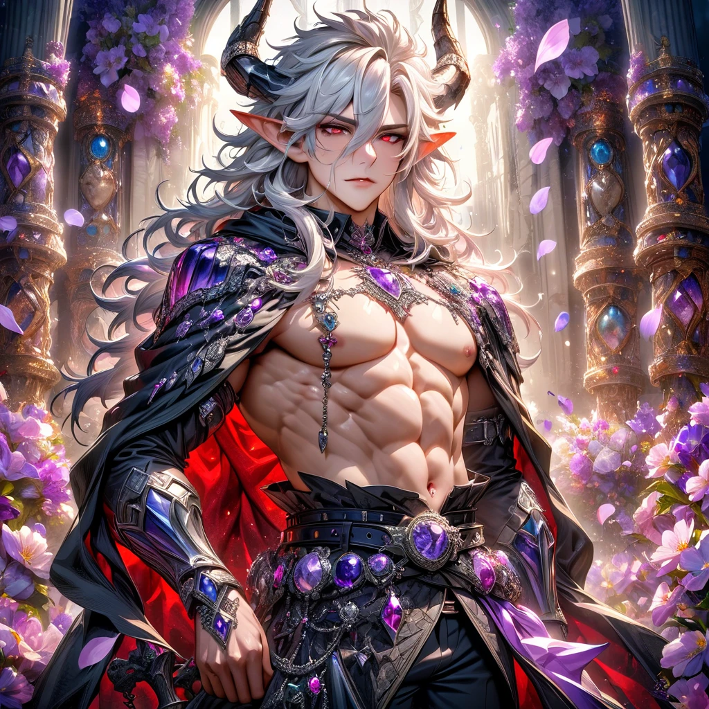 absurdres, highres, ultra detailed, HDR, master piece, best quality, Krozerus, white hair, spiked and messy hair, long hair, hair between the eyes, expressive red eyes, Dream and Legacy, solo, sexy man, handsome, demon, slightly pointy ears, black horns, black cape, bare chest, toned chest, belt around his chest, silver jewelry, silver accessories, fantasy, shining, purple flowers, blossoms, magical, purple petals