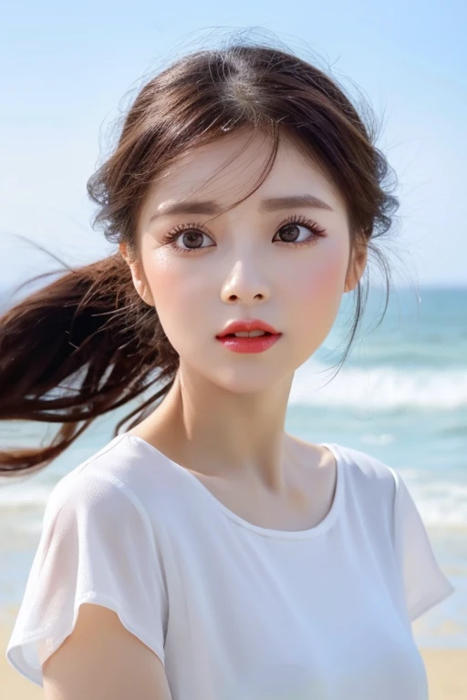 Delicate facial features, bangs, Brown ponytail, Messy Hair, The hair is very realistic, Wearing a short-sleeved white shirt, The background is empty, Ocean view, Du Qiong, Exquisite makeup, thin red lips, Big eyes, double eyelid, Black Hole, Bright Eyes, Symmetrical face, The face is very realistic, The girl&#39;s face was carefully drawn, blush, Super high-end look, artwork, Clothing with real fabric texture, Realistic painting, Movie style, Photo level, Ray Tracing, Realistic light and shadow effects, realism, masterpiece, Like the photo effect above, 8K highest image quality is full 