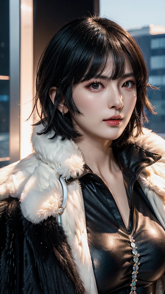 blush, perfect illumination, unreal engine, sidelighting, detailed face, bangs, simple background, dark background, far cowboy shot, Fubuki from opm, age 28, pure white skin, green eyes, dark green bob hair, white fur neck collor, green coat, perfect face, perfect shape body, extra large stif breasts, clothes covered upper body, 3d, front side pose