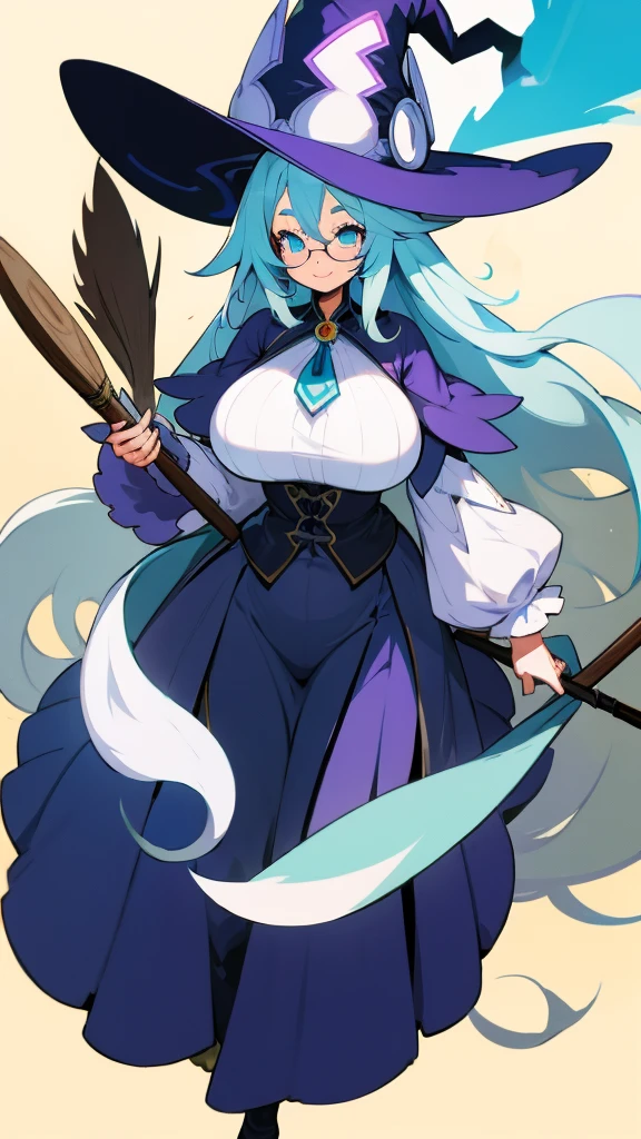 Anime, plump old lady, extremely Long hair, white hair, cyan eyes, round glasses,  busty, gorgeous plumpy body, large hips,  witch hat, witch garb, Large skirt, gigantic Broom in hand, smile