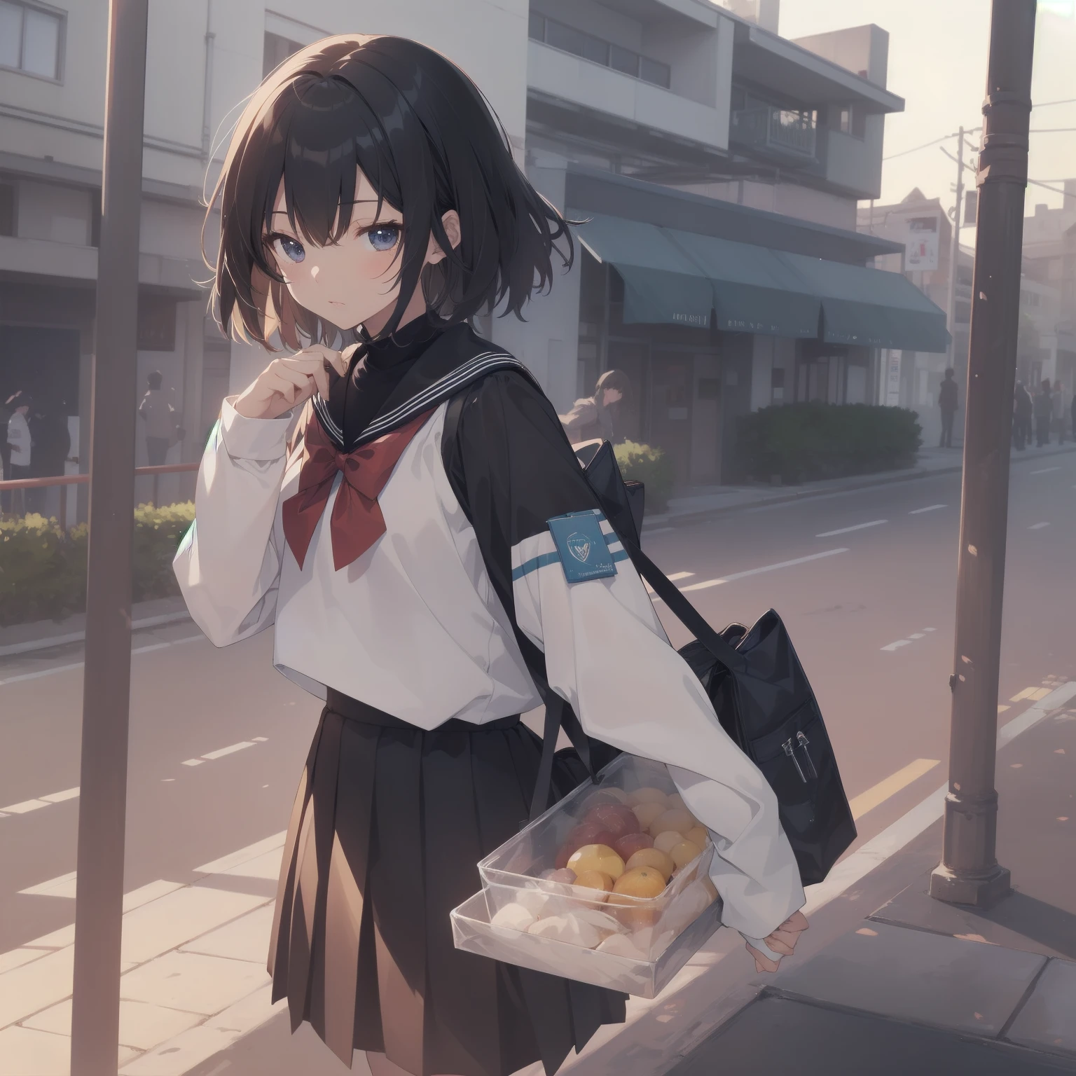 ultra-absurdres-Top quality by artist God, ultra-detailed, high resolution, anime moe artstyle, best anime 8k konachan wallpaper, pixiv contest winner, pool:2810, perfect anatomy,break, 1girl, (Please draw a girl walking sleepily to school alone. )break,(Solo,little female, 13-year-old:1.3),Full limbs, complete fingers,a junior high school student, (very short hair), short cut, flat chest, , small butt, small black eyes, beautiful detailed eyes, well-proportioned iris and pupils, expressive eyes, highres detailed hair, soft expression, salor school_uniform, sailor collar, serahuku, bow, pleated skirt,(Detailed Lighting), (Detailed background), in the School commute route. break,super detailed skin, Best cinematic lighting powered by famous artist, 8k,beauty illustration,photoshop_(medium),very aesthetic,break,((artist:konoshige_(ryuun) )), artist:clamp ,artist:carnelian ,artist:kantoku ,

