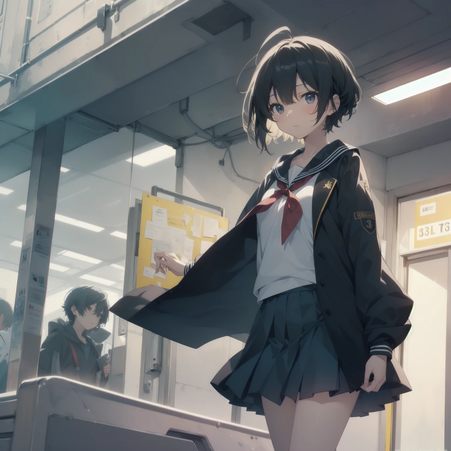 ultra-absurdres-Top quality by artist God, ultra-detailed, high resolution, anime moe artstyle, best anime 8k konachan wallpaper, pixiv contest winner, pool:2810, perfect anatomy,break, 1girl, (Please draw a girl walking sleepily to school alone. )break,(Solo,little female, 13-year-old:1.3),Full limbs, complete fingers,a junior high school student, (very short hair), short cut, flat chest, , small butt, small black eyes, beautiful detailed eyes, well-proportioned iris and pupils, expressive eyes, highres detailed hair, soft expression, salor school_uniform, sailor collar, serahuku, bow, pleated skirt,(Detailed Lighting), (Detailed background), in the School commute route. break,super detailed skin, Best cinematic lighting powered by famous artist, 8k,beauty illustration,photoshop_(medium),very aesthetic,break,((artist:konoshige_(ryuun) )), artist:clamp ,artist:carnelian ,artist:kantoku ,
