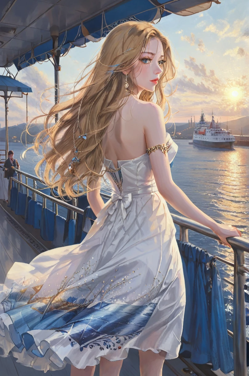 a beautiful young woman, long flowing hair, white dress with blue skirt, standing on ferry, bare shoulders and long legs, jewelry and gloves, seen from behind, detailed face, beautiful detailed eyes, beautiful detailed lips, extremely detailed eyes and face, long eyelashes, elegant, serene, photorealistic, 8k, hyper detailed, oil painting, intricate, warm lighting, soft colors, golden hour