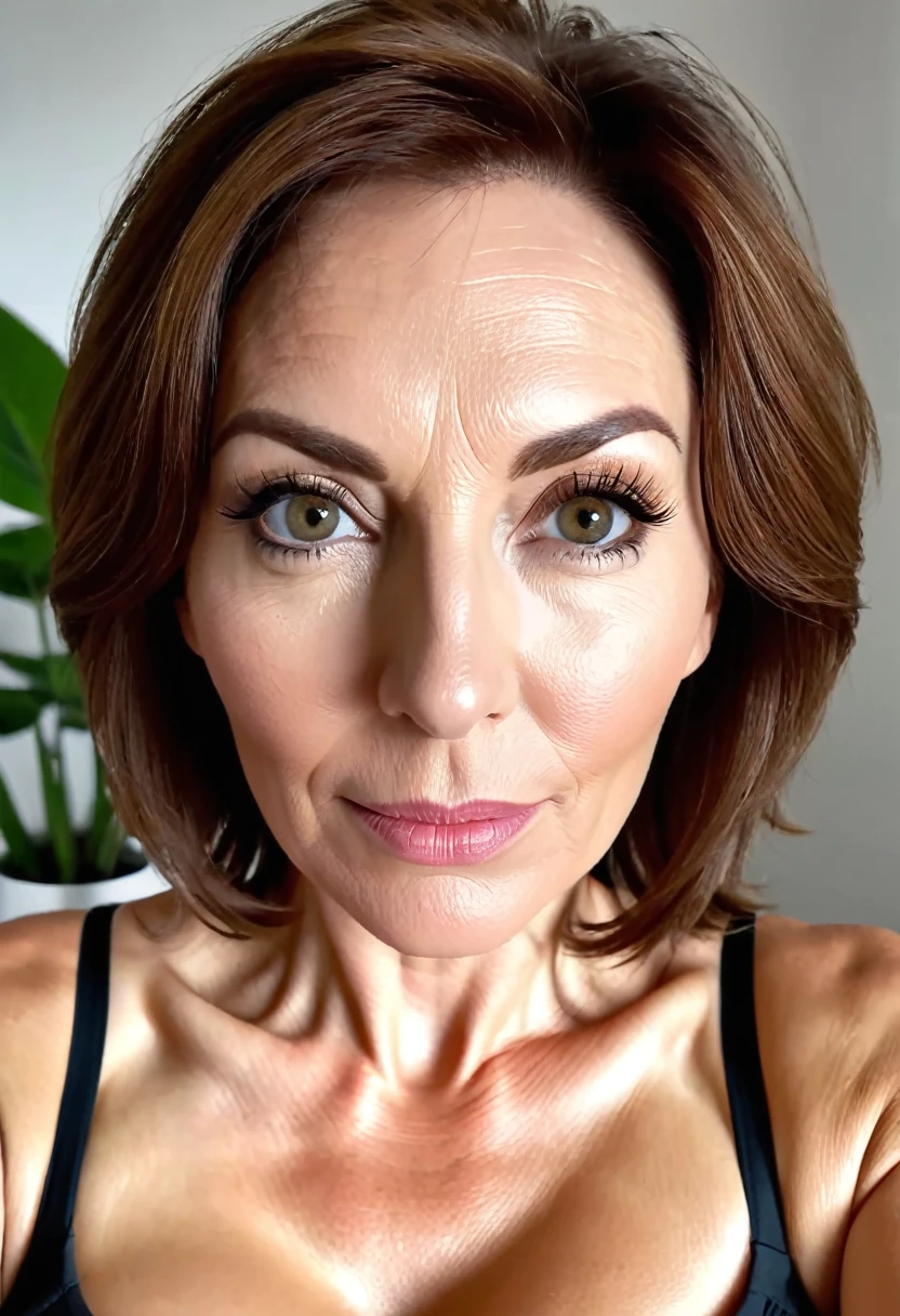 1 girl, solo, Liechtensteiner woman, Old woman, her name is Lissa, (((50 years old woman))), (mother), (((wrinkles))), ((brunette)), ((fair skin)), ((rectangular face)), ((Liechtensteiner nose)), ((big plump lips)), ((high cheeks)), ((medium hair)), ((nude and naked)), ((background: dim indoor settings in Europe))