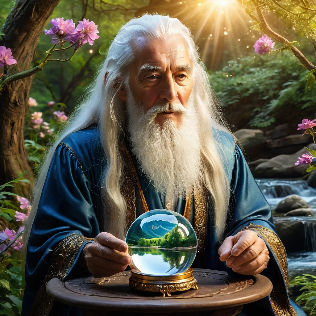 Create a highly detailed and realistic image of an elderly wizard with long white hair and a beard, holding a crystal ball. The crystal ball contains a miniature, vivid landscape with a river flowing through a lush forest, surrounded by trees and flowers a magical land. The wizard's expression is contemplative as he gazes at the scene within the crystal ball. The background includes a dimly lit, mystical setting with arches and soft, warm lighting, adding to the magical atmosphere. Photo Realistic photo, vibrant colors, 16k