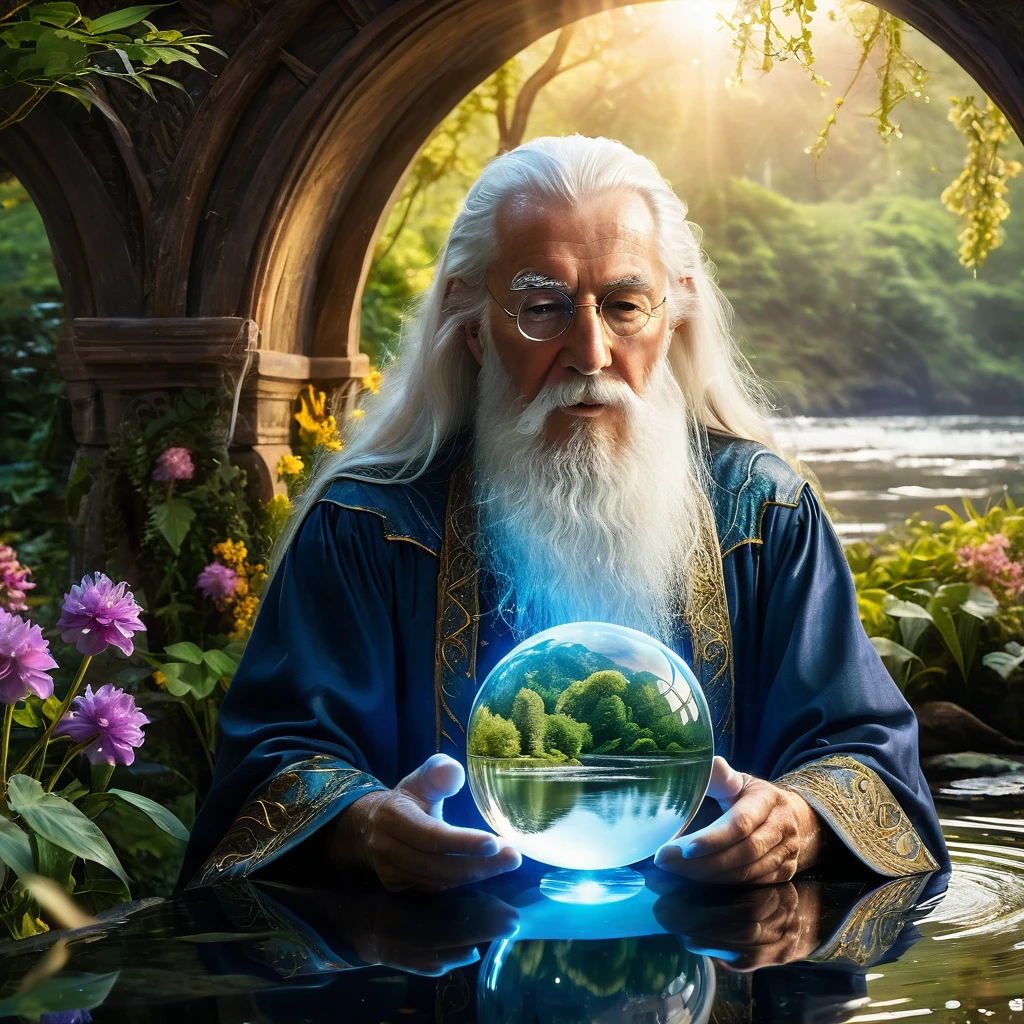 Create a highly detailed and realistic image of an elderly wizard with long white hair and a beard, holding a crystal ball. The crystal ball contains a miniature, vivid landscape with a river flowing through a lush forest, surrounded by trees and flowers a magical land. The wizard's expression is contemplative as he gazes at the scene within the crystal ball. The background includes a dimly lit, mystical setting with arches and soft, warm lighting, adding to the magical atmosphere. Photo Realistic photo, vibrant colors, 16k