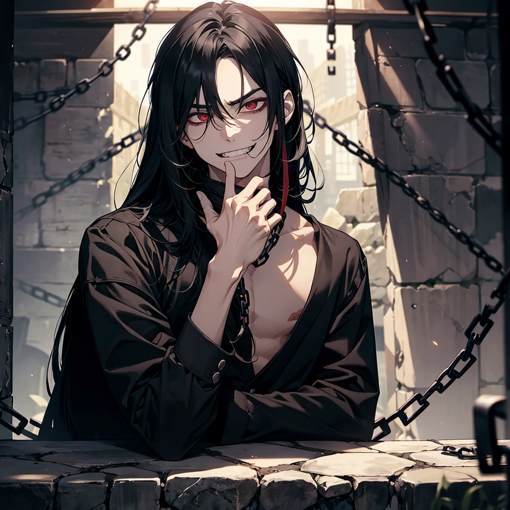 1 male, prisioner, long black hair, red eyes, top view, handcuffed, hands behind back, on his knees, shirtless, bowed, looking up, gesugao, evilness, malice and sadism facial expression, cocky smile, threatening smile