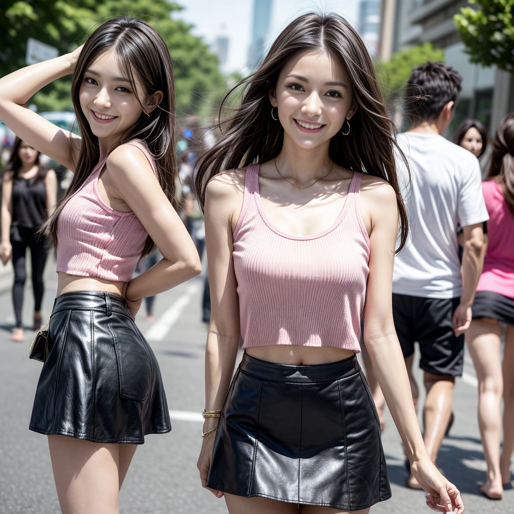  32 year old girl, very thin, with mini skirt, posing for photo, in the middle of the street in summer, with a pink top, smiling, dark black hair, light brown eyes