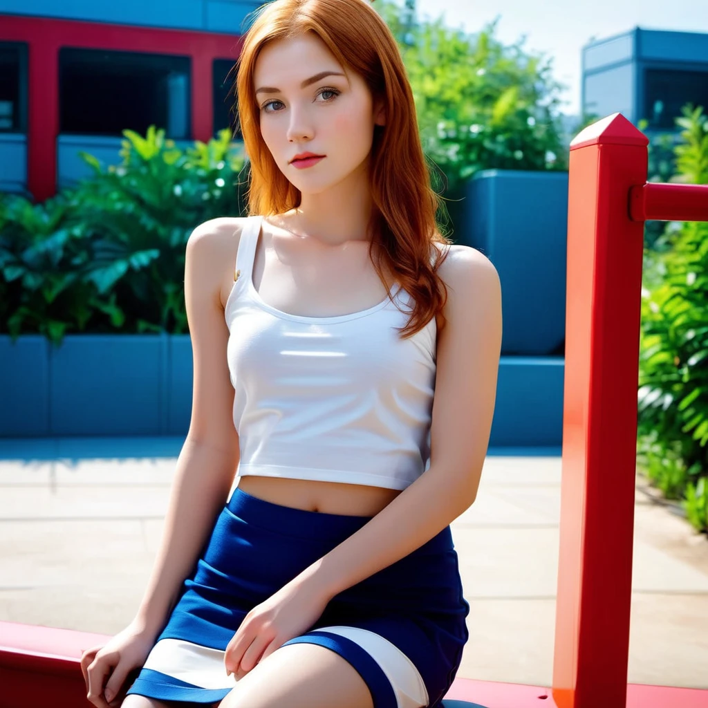 Stacey, A tall, young woman,epiC35mm, 22 years old, with long shoulders, athletic, lanky female, a strong build and long, freckles, strawberry blonde hair, freckles. Her skin is pale, toned arms, and a muscular midsection. long legs, She has small breasts, well defined chest, and soft thighs, giving her a delicate and graceful appearance. Her overall look is average in terms of attractiveness, with features that blend in rather than stand out, sitting on a park bench, asymmetrical, bodycon,skirt, Tank top , minimalist art, abstract, bold colors, 1girl, beautiful detailed eyes, beautiful detailed lips, extremely detailed face, long eyelashes, portrait, digital painting, oil painting, acrylic, vibrant colors, vivid colors, high contrast, dramatic lighting, cinematic lighting, dramatic shadows, minimalist background, geometric shapes, clean composition, surreal, dreamlike, impressionistic, hyperrealistic, photorealistic, 8k, highres, best quality, masterpiece, symmetrical