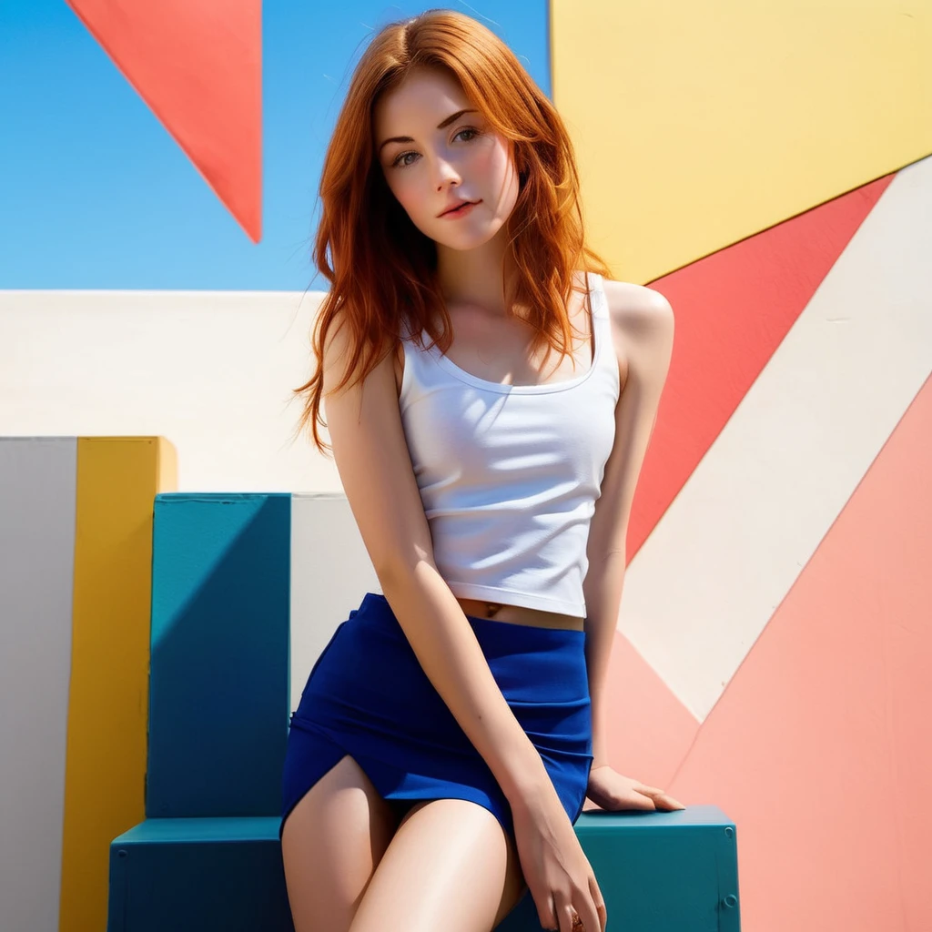 Stacey, A tall, young woman,epiC35mm, 22 years old,  with long shoulders, athletic, lanky female, a strong build and long, freckles, strawberry blonde hair, freckles. Her skin is pale, toned arms,  and a muscular midsection. long legs, She has small breasts, well defined chest, and soft thighs, giving her a delicate and graceful appearance. Her overall look is average in terms of attractiveness, with features that blend in rather than stand out, sitting on a park bench, asymmetrical, bodycon,skirt, Tank top , minimalist art, abstract, bold colors, 1girl, beautiful detailed eyes, beautiful detailed lips, extremely detailed face, long eyelashes, portrait, digital painting, oil painting, acrylic, vibrant colors, vivid colors, high contrast, dramatic lighting, cinematic lighting, dramatic shadows, minimalist background, geometric shapes, clean composition, surreal, dreamlike, impressionistic, hyperrealistic, photorealistic, 8k, highres, best quality, masterpiece, symmetrical 