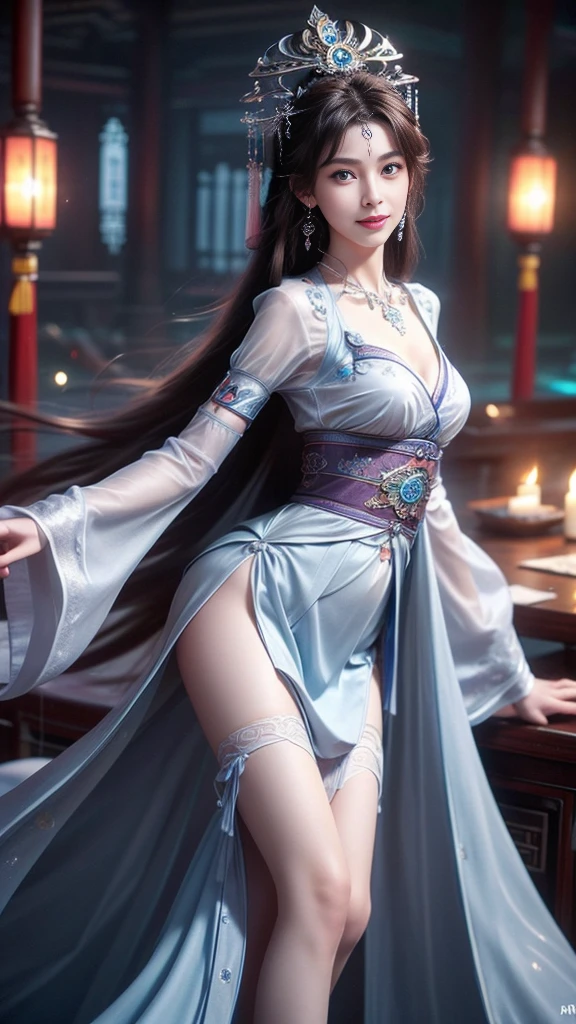8K, masterpiece, RAW photos, best quality, Reality, extremely detailed CG unity 8K wallpaper, Depth of Field, light, lens flare, Ray Tracing, (Extremely beautiful face, Beautiful lips, beautiful eyes), Complex facial details, ((Ultra-delicate skin)) , Beautiful Asian girl, ((Looking at the audience)),(big Smile), (Blurred background), midnight, (pretty girl), earrings, bracelet, necklace, Clear eyes, (Pale skin), Facing forward, (big eyes), (Looking at the audience), Large Breasts ,((Smile)), blue eyes, Shiny Dress, Open your heart, balcony, Very slim, (Medium buttocks), Open your heart Ancient Chinese architecture，Chinese style beauty，Wear revealing Hanfu，Simple clothes， Simple style，Chinese and American mixed race，Background blur，focus，light， Seven Figures，(((tmasterpiece))), ((Best quality)), ((Complex and meticulous)), ((Surrealism)), Ridiculous resolution, , Mature woman, transparent, Very detailed, Implications, 1 Girl, (Medium breasts), Thin waist and thick hips，Long Law，Beautiful and delicate eyes, Short and delicate hair, Dark brown hair, Purple Eyes, black，lacy clothing，Hip-covering skirt，Tights，Vaguely visible，Cool clothes，Perfect body proportions，（No underwear），Detailed background, Perfect eyes,，Looking at the audience，From the front，Wear lightly，Juicy legs，Deep V，