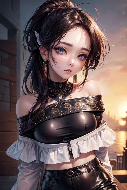 (((Masterpiece))), (((high resolution))), (((8k quality))), (((Perfect face))), (((korean idol))), (((off shoulder tops))), ((leather pants)), cara de high resolution, (((top quality eyes))), (((detailed face))), (((Detailed texture))), Look at the camera, Big