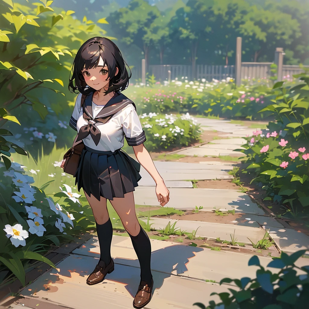 (Highest quality, High resolution, Super detailed, Realistic:1.37), Peaceful atmosphere, (Outdoor, garden), Teenage girl standing alone,(my breasts are big.),Beautifully detailed features, Cute Smile, ((Black bob hair)),Short-sleeved sailor uniform, Pleated skirt,Black tights,Brown leather shoes.