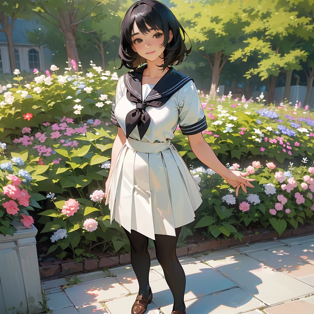(Highest quality, High resolution, Super detailed, Realistic:1.37), Peaceful atmosphere, (Outdoor, garden), Teenage girl standing alone,(my breasts are big.),Beautifully detailed features, Cute Smile, ((Black bob hair)),Short-sleeved sailor uniform, Pleated skirt,Black tights,Brown leather shoes.