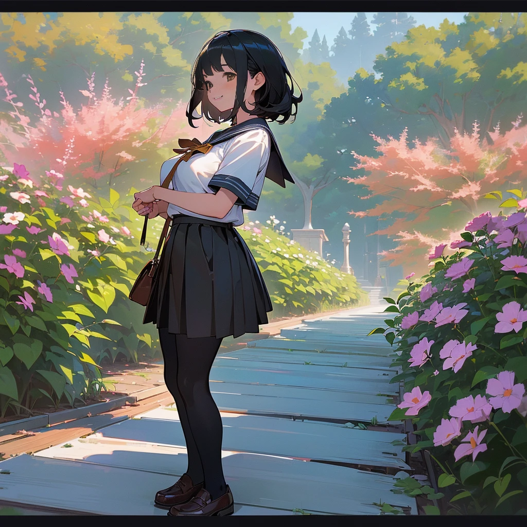 (Highest quality, High resolution, Super detailed, Realistic:1.37), Peaceful atmosphere, (Outdoor, garden), Teenage girl standing alone,(my breasts are big.),Beautifully detailed features, Cute Smile, ((Black bob hair)),Short-sleeved sailor uniform, Pleated skirt,Black tights,Brown leather shoes.