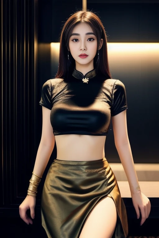 A woman in a black blouse and gold skirt sits on a shelf., traditional beauty, beautiful oriental woman, beautiful goddess, Thai girl anime, Gorgeous Chinese model, beautiful Asian girl, Chinese girl, Beautiful Fantasy Empress, beautiful asian woman, asian woman, Asian girl, Japanese goddess, Chinese woman, Chinese style, Thiti Luatthong, an asian woman, sexy girl